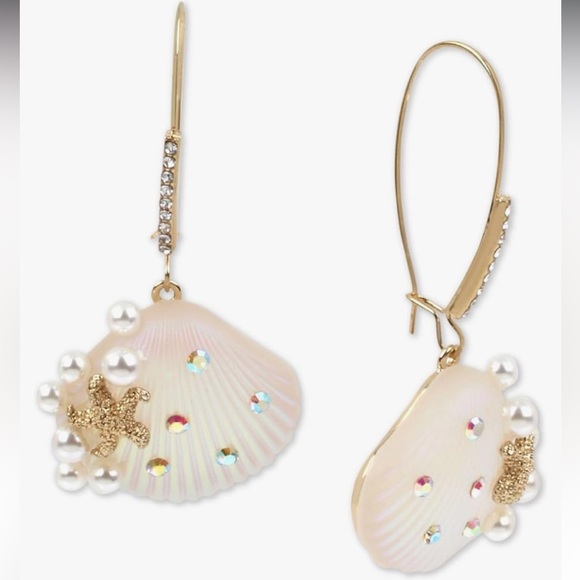 RARE Betsey Johnson Iridescent Scallop Shell Clam Faux Pearl Earrings NWT - Picture 3 of 4